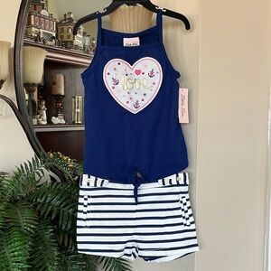 Brand New Little Lass 2-Piece Set Nautical Navy Blue Tank Top & Striped Shorts